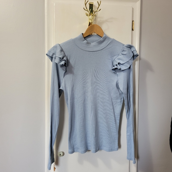 TLA Anthropologie | NWT Blue Ruffle Shoulder Long Sleeve Top - Picture 9 of 9